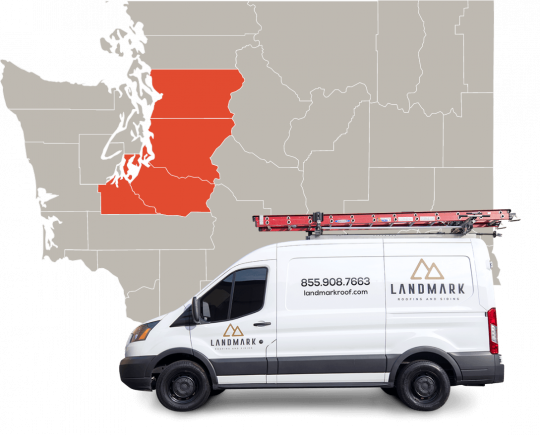 A van with Landmark branding and a ladder on top is parked in front of a map. The map highlights regions in red on a gray background, possibly indicating service areas. The van displays a phone number and website.
