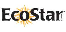 Logo of EcoStar LLC with the word EcoStar in black font and a stylized orange sun design integrated into the letter o.