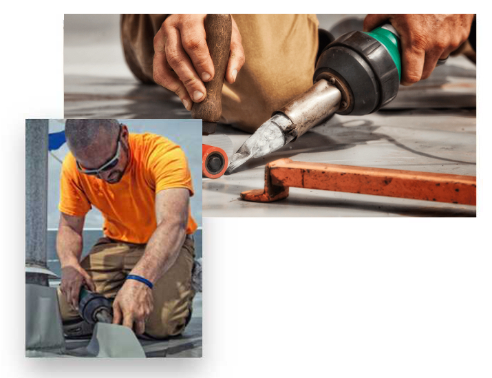 A worker in an orange shirt uses a tool on a rooftop. Another pair of hands is shown operating a heat gun on a surface. Both images focus on construction activities involving tools and protective gear.