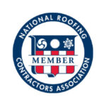 Logo of the National Roofing Contractors Association. A blue circular design with National Roofing Contractors Association around the edge, and a shield in the center containing symbols and the word Member.