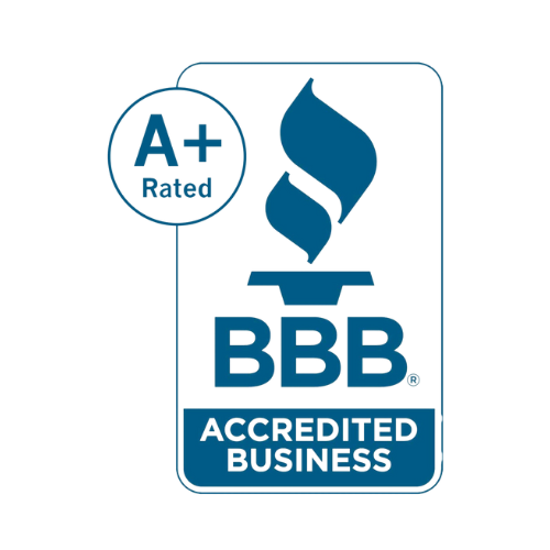 Blue logo of the Better Business Bureau with stylized flame, the letters BBB, and the words Accredited Business. A round badge with A+ Rated is positioned on the top left.