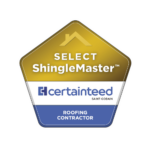 Pentagon shaped badge for SELECT ShingleMaster™ certification by CertainTeed Saint Gobain, labeled Roofing Contractor.