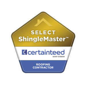 Pentagon shaped badge for SELECT ShingleMaster™ certification by CertainTeed Saint Gobain, labeled Roofing Contractor.