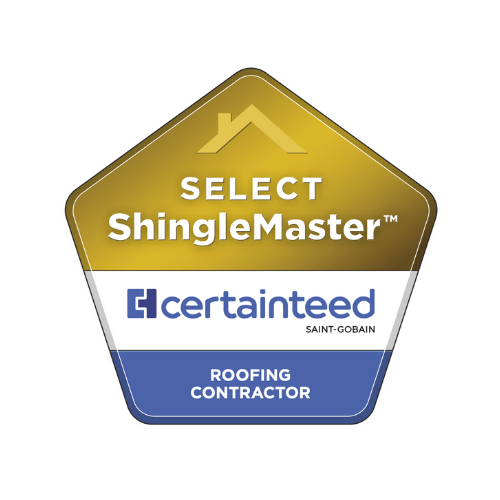 Pentagon shaped badge for SELECT ShingleMaster™ certification by CertainTeed Saint Gobain, labeled Roofing Contractor.