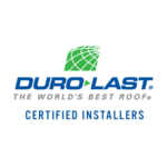 Duro Last logo with a green roof icon above the text DURO LAST THE WORLDS BEST ROOF. Below it, CERTIFIED INSTALLERS is written in blue.