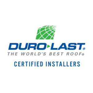 Duro Last logo with a green roof icon above the text DURO LAST THE WORLDS BEST ROOF. Below it, CERTIFIED INSTALLERS is written in blue.