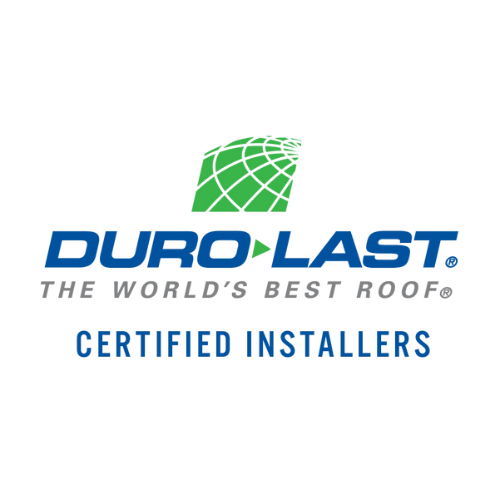 Duro Last logo with a green roof icon above the text DURO LAST THE WORLDS BEST ROOF. Below it, CERTIFIED INSTALLERS is written in blue.