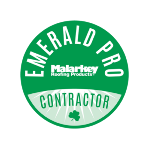 Green circular logo for Malarkey Roofing Products featuring the text Emerald Pro Contractor. A small clover icon is at the bottom, and the design includes a sunburst pattern.
