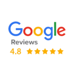 Google Reviews logo with a 4.8 star rating. Five golden stars are displayed below the word Reviews.