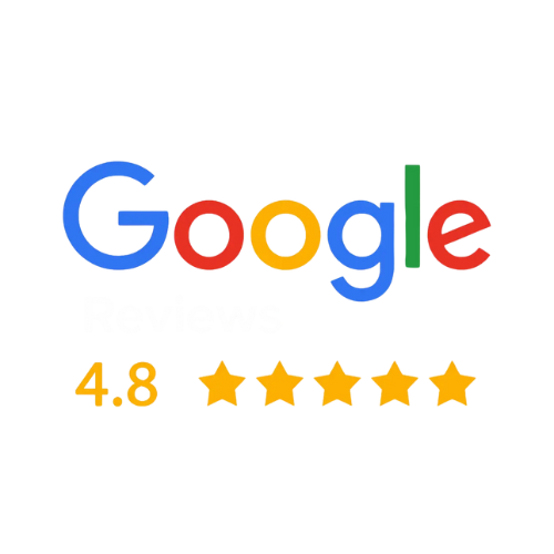 Google Reviews graphic showing the Google logo, the word Reviews, and a 4.8 out of 5 rating with five yellow stars.