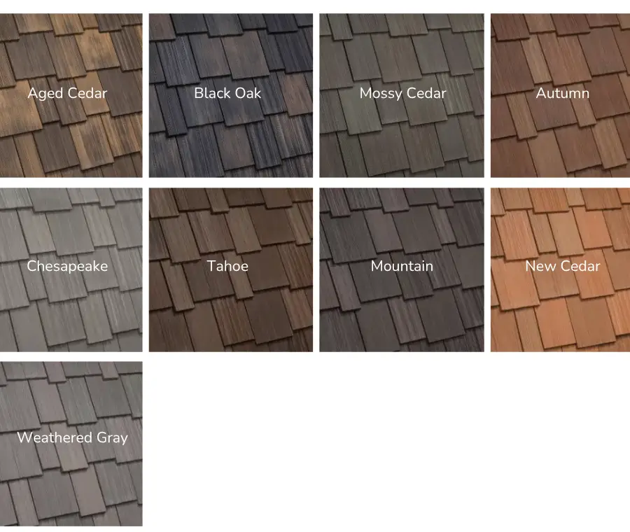 A grid of nine roofing shingle samples in various shades, each labeled: Aged Cedar, Black Oak, Mossy Cedar, Autumn, Chesapeake, Tahoe, Mountain, New Cedar, and Weathered Gray.