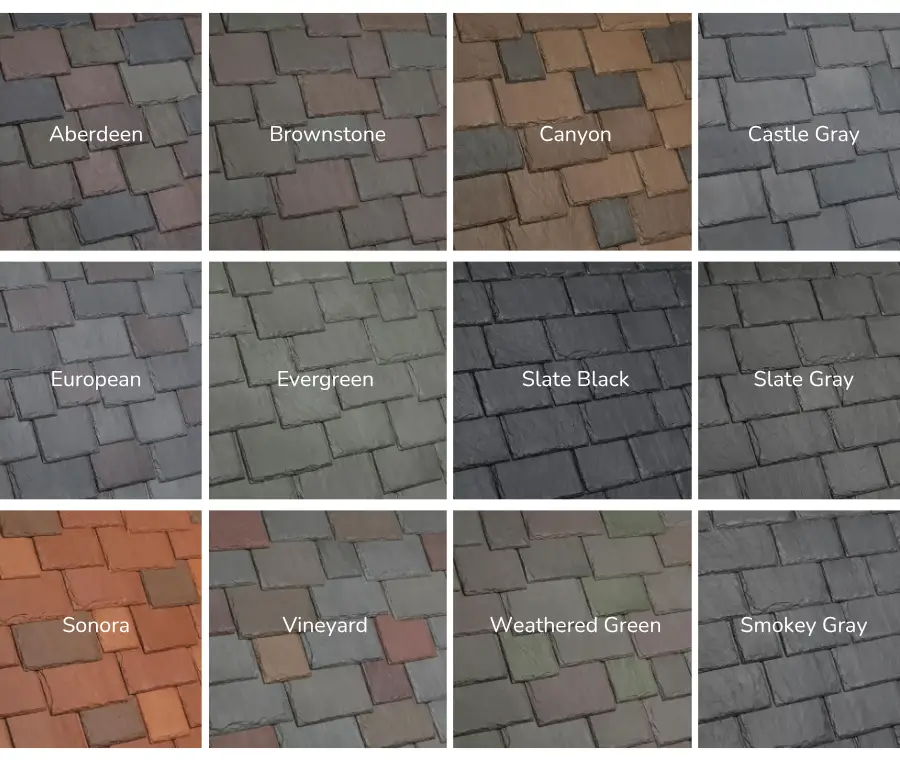 A grid of twelve roof shingles, each labeled with its color: Aberdeen, Brownstone, Canyon, Castle Gray, European, Evergreen, Slate Black, Slate Gray, Sonora, Vineyard, Weathered Green, and Smokey Gray.