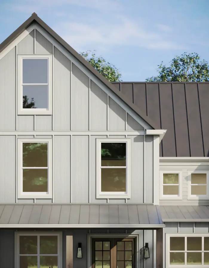 modern house with James Hardie panel siding in verticle style. Replacement by Landmark Roofing & Siding