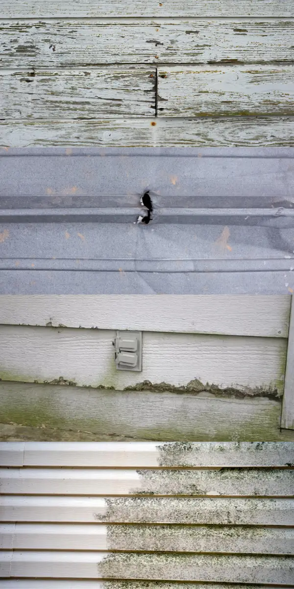 Various signs of commercial siding damage including rot, mold, and warping