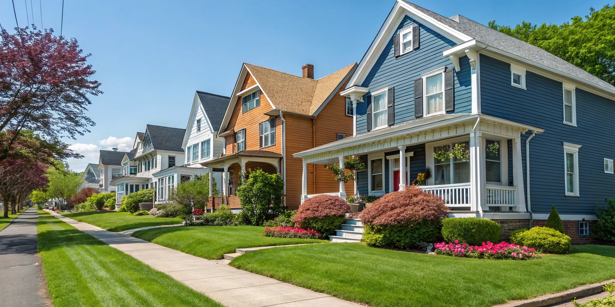 Houses on a street with a variety of exterior paint colours.
