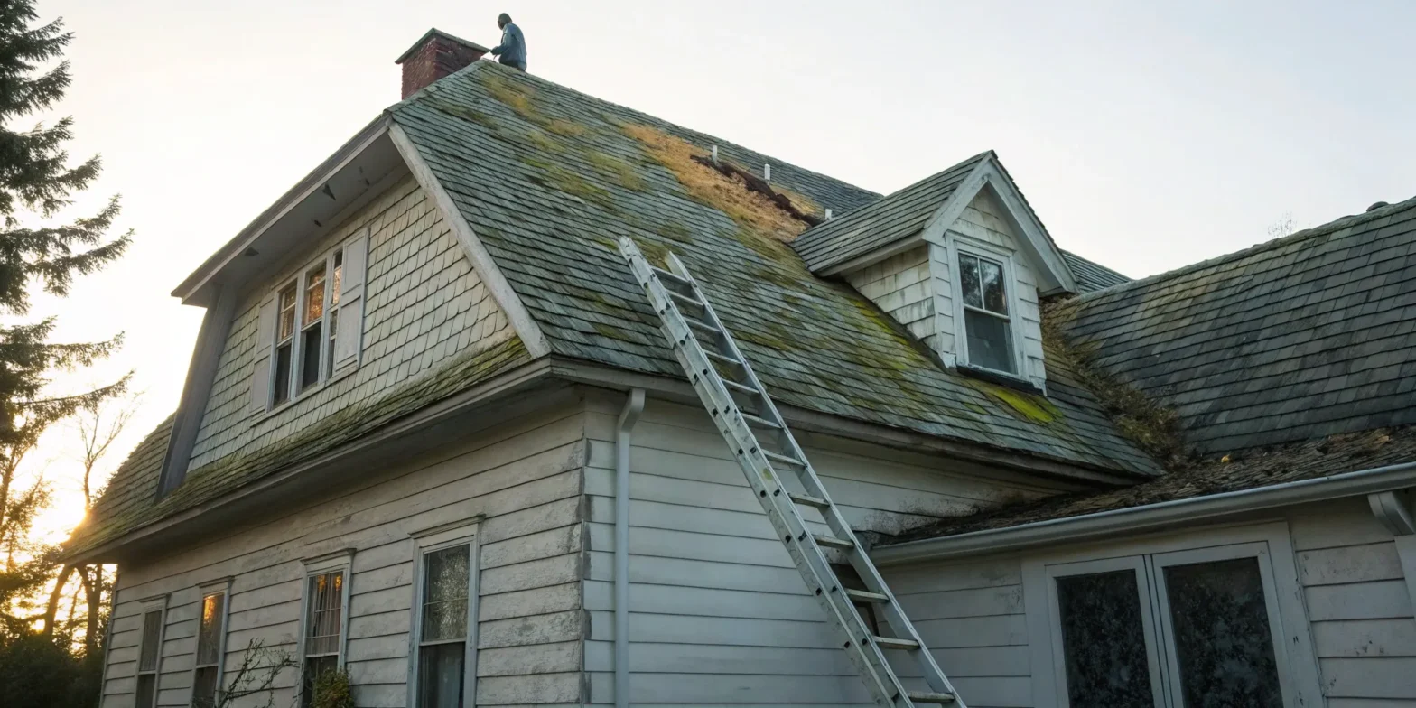 Damaged and mossy shingles on a house, one of the main signs you need a new roof.