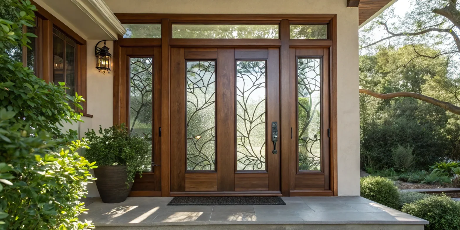 Modern wood exterior door with vertical glass panels on a contemporary home.