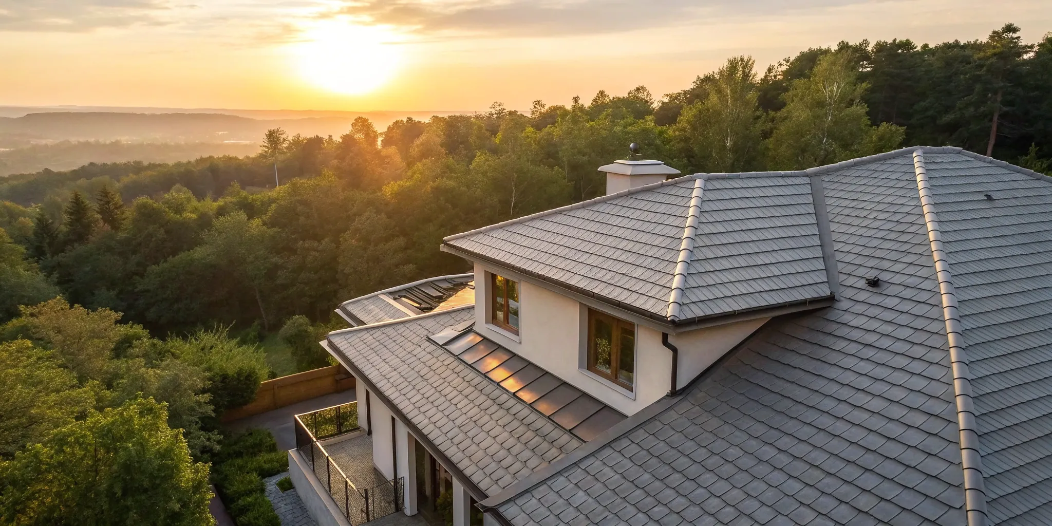 A new gray shingle roof on a modern home, a key factor in how much a roof replacement costs.