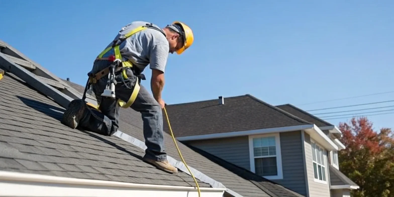 A roofer inspects a roof, part of the process to check if a roofing company is legit.