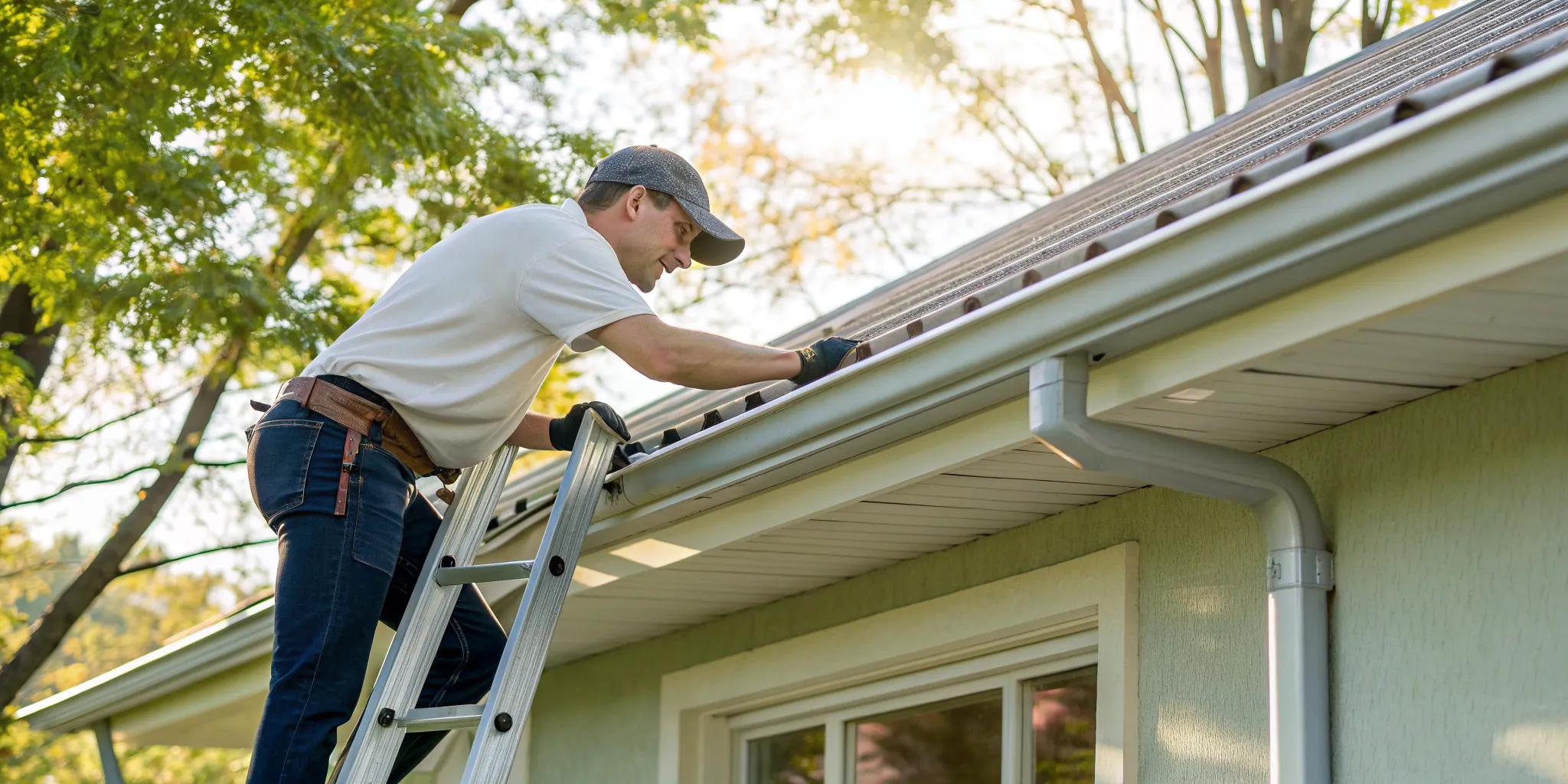 A professional independent gutter installer on a ladder installing new gutters on a house.
