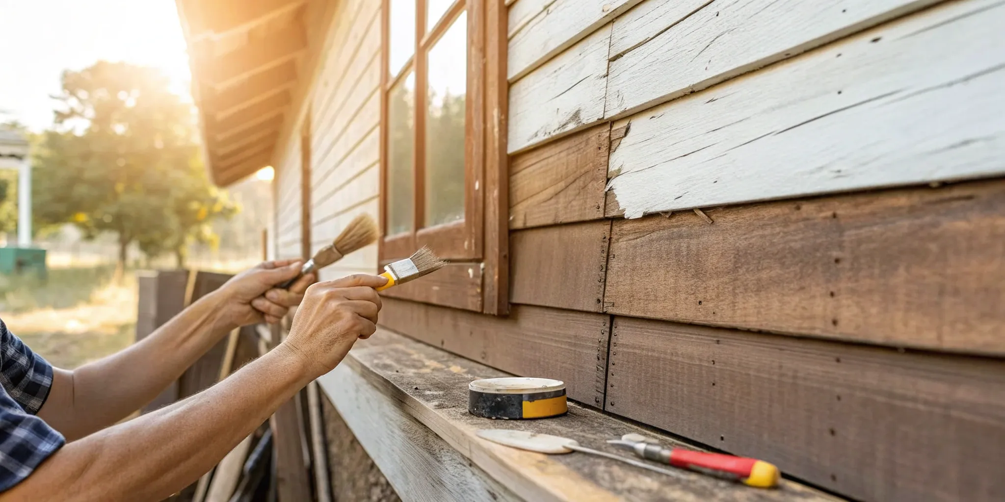 Repairing wood house siding with paint and tools.