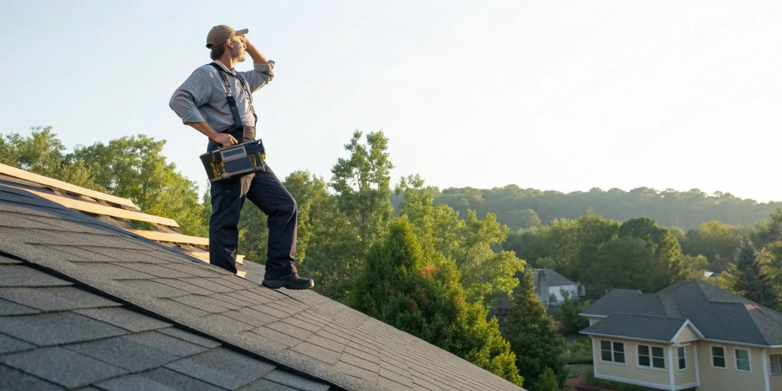 Certified roof inspector examining a residential roof for damage and safety hazards.
