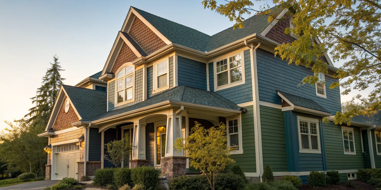 Modern home with popular James Hardie siding colors in blue and green.