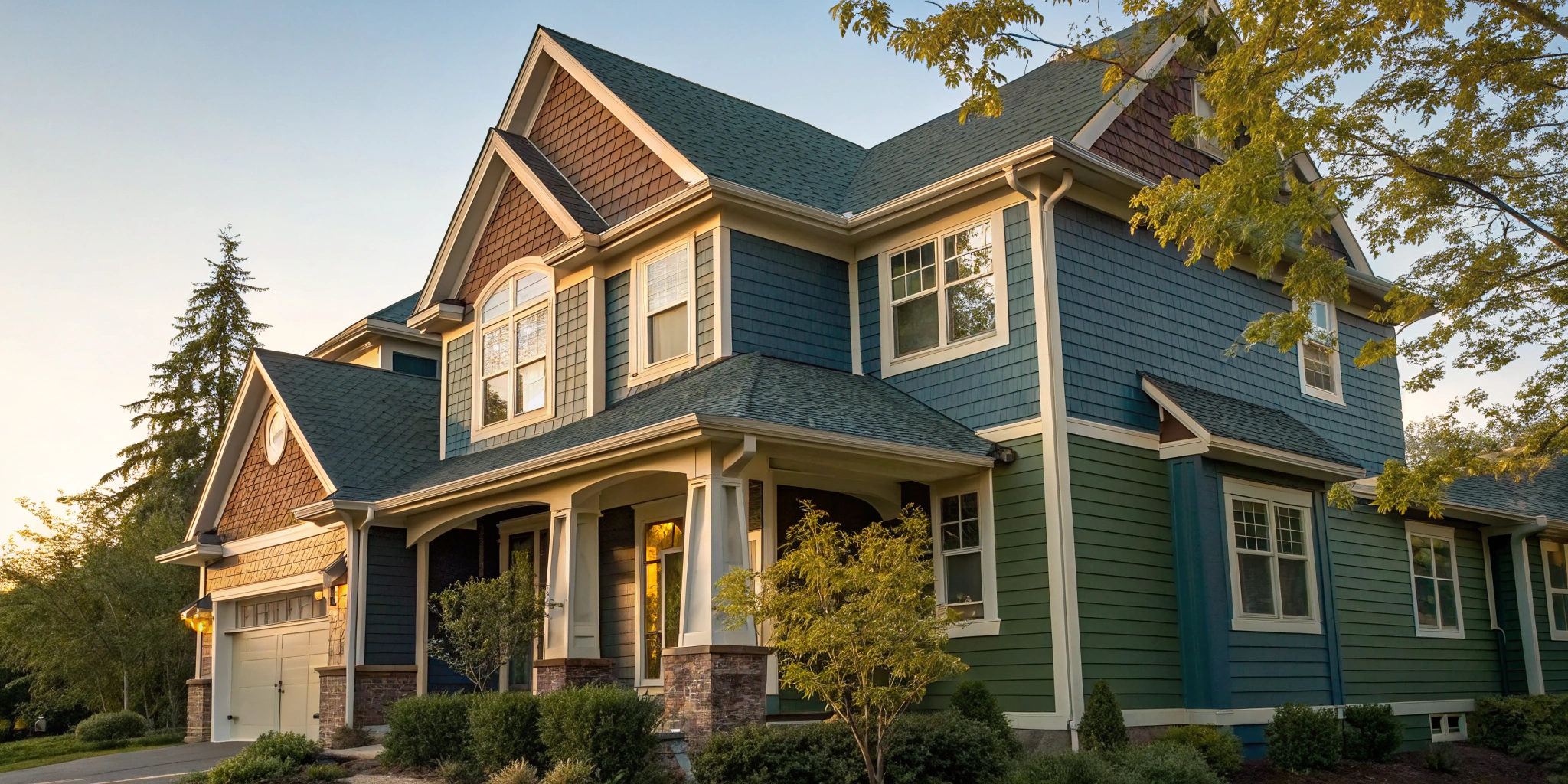 Modern home with popular James Hardie siding colors in blue and green.