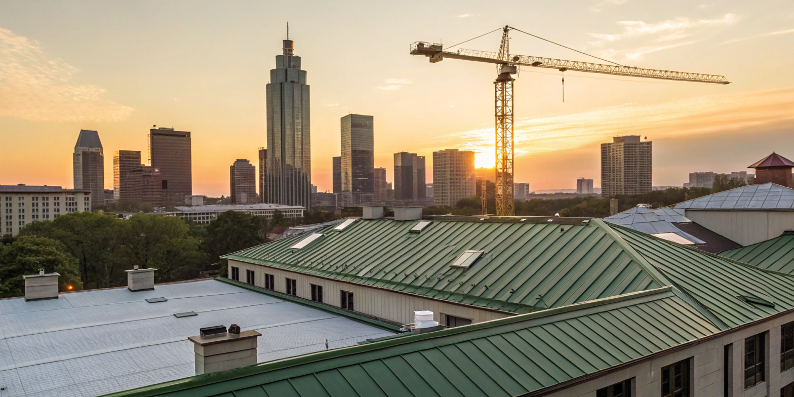 Various types of commercial roofing systems on city buildings against a sunset skyline.