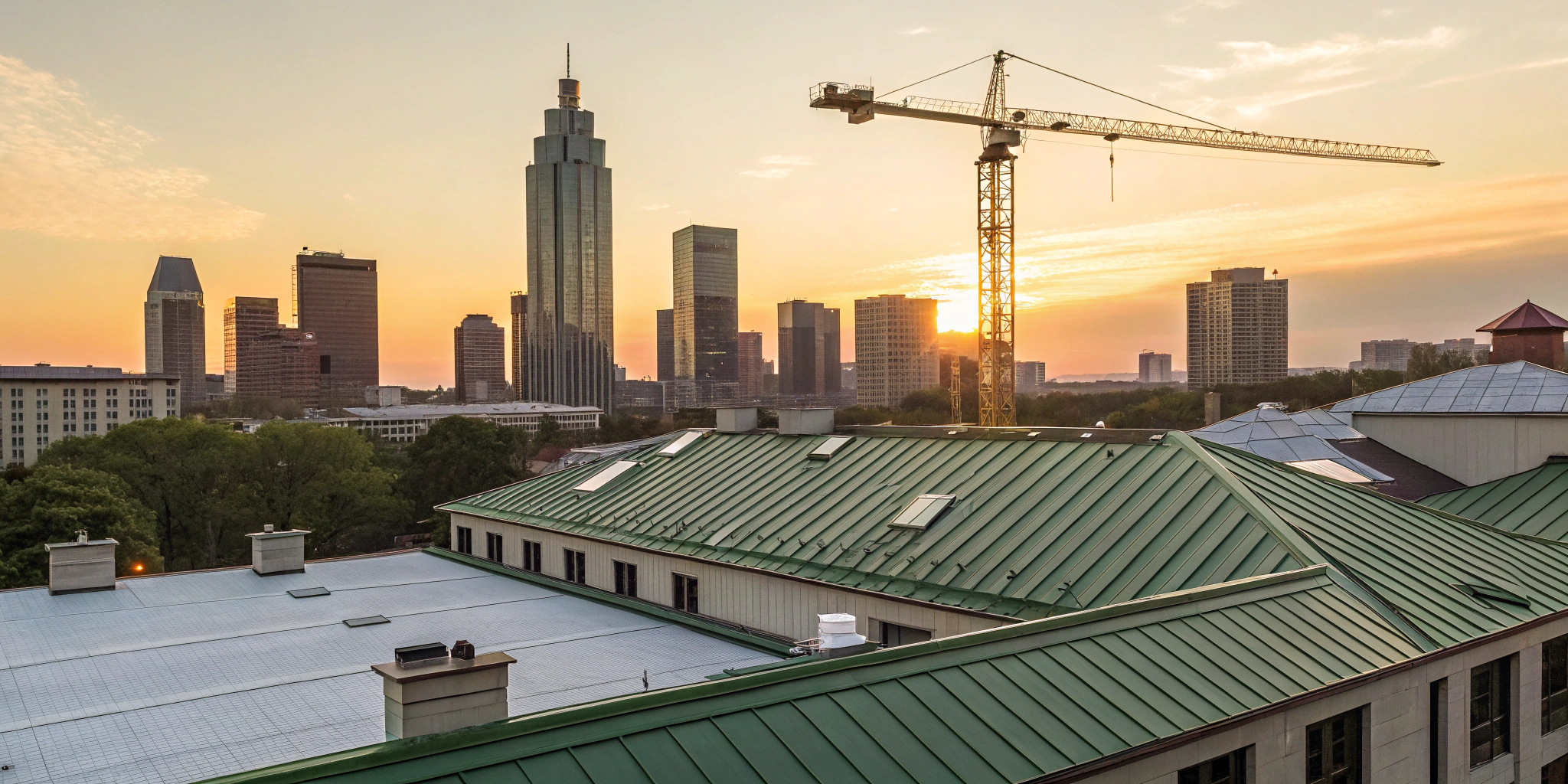 Various types of commercial roofing systems on city buildings against a sunset skyline.