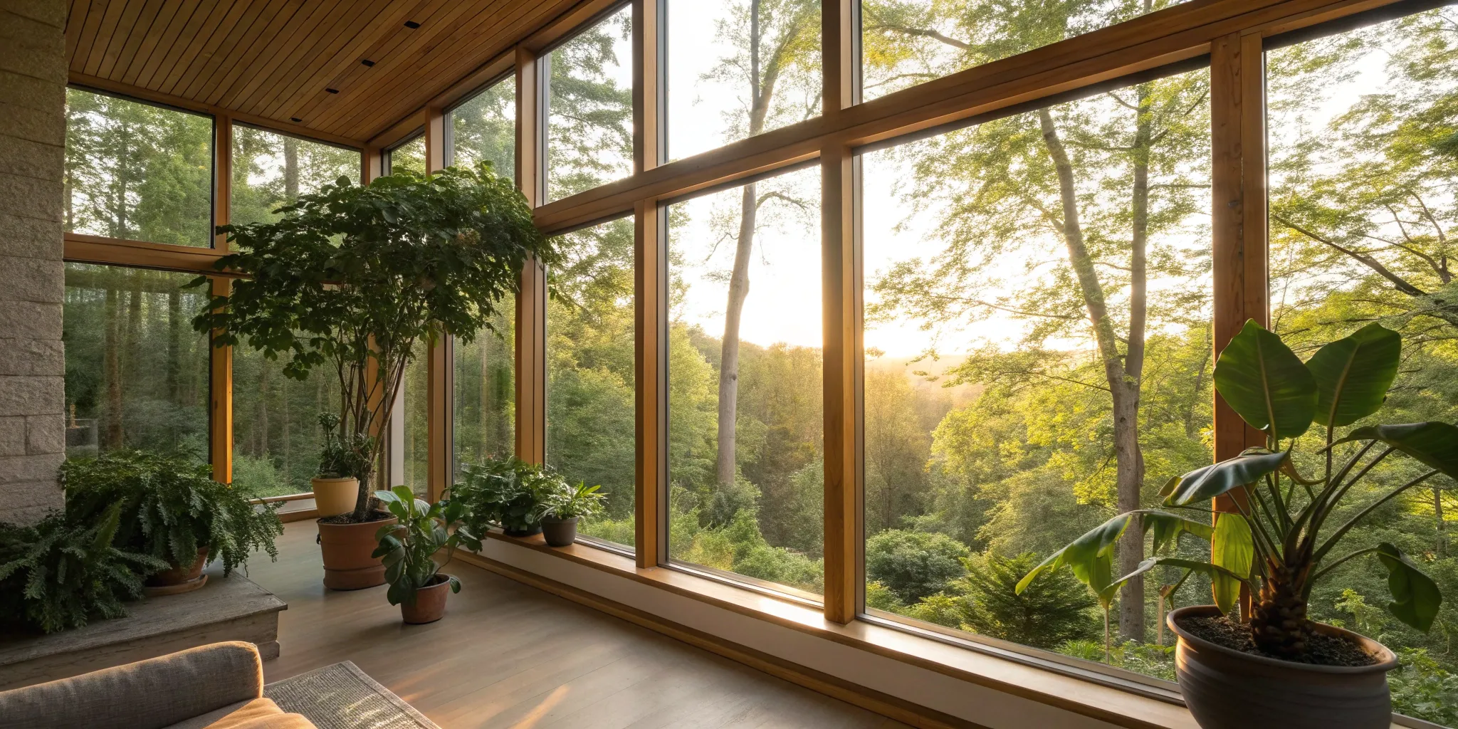 A bright living room with a new energy efficient window replacement showing a clear view of a lush forest.