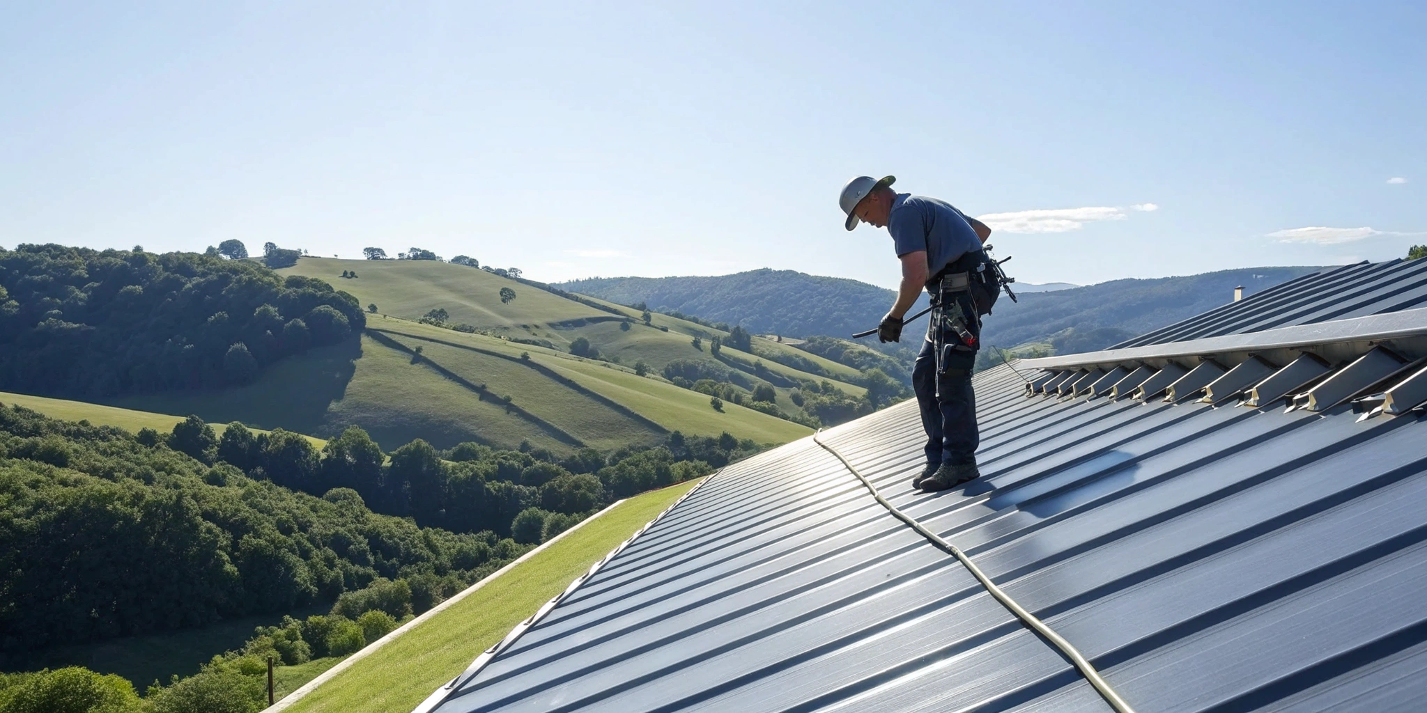 Professional contractor installing a metal roof with proper safety gear.