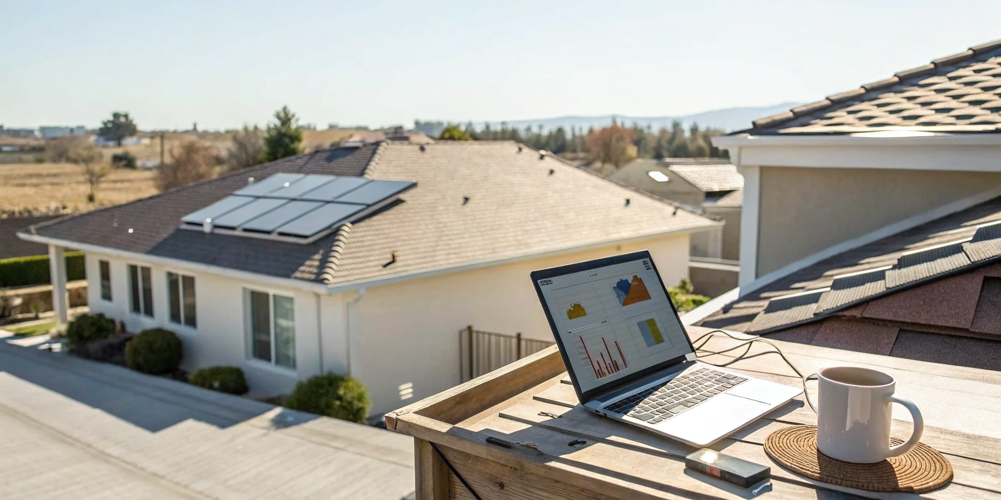 Using an online roof cost calculator on a laptop to estimate a new roof.