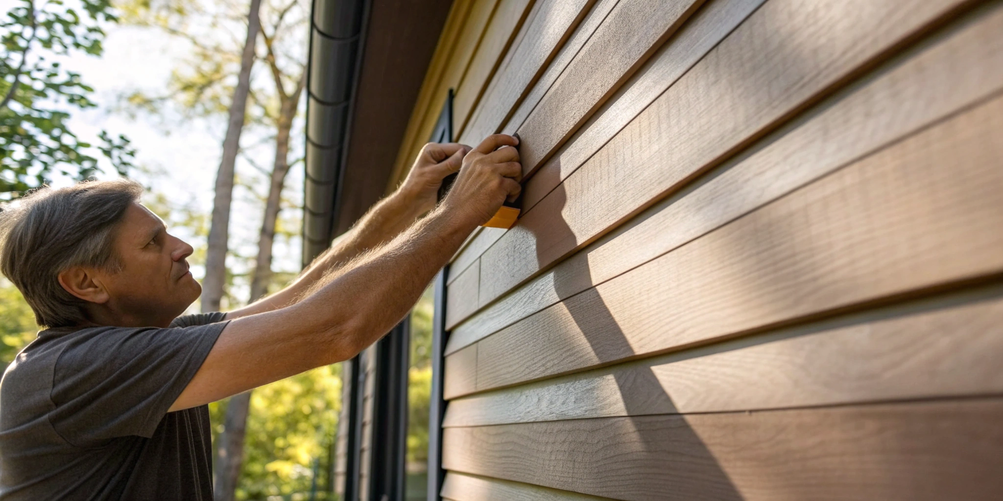 Man repairing damaged wood siding on a house.