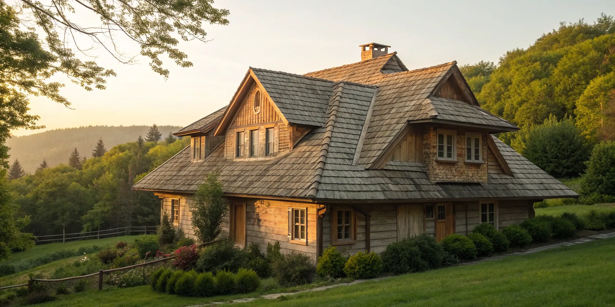 A rustic home with a beautiful wood shake roof surrounded by trees.