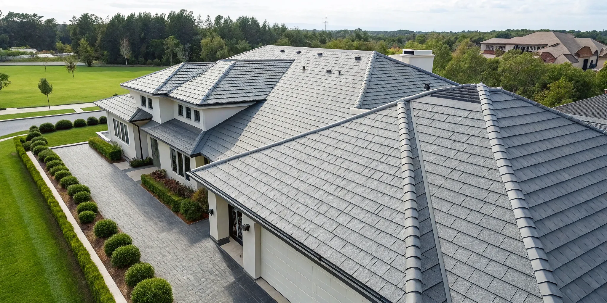 A new residential roof with gray shingles after a complete replacement.