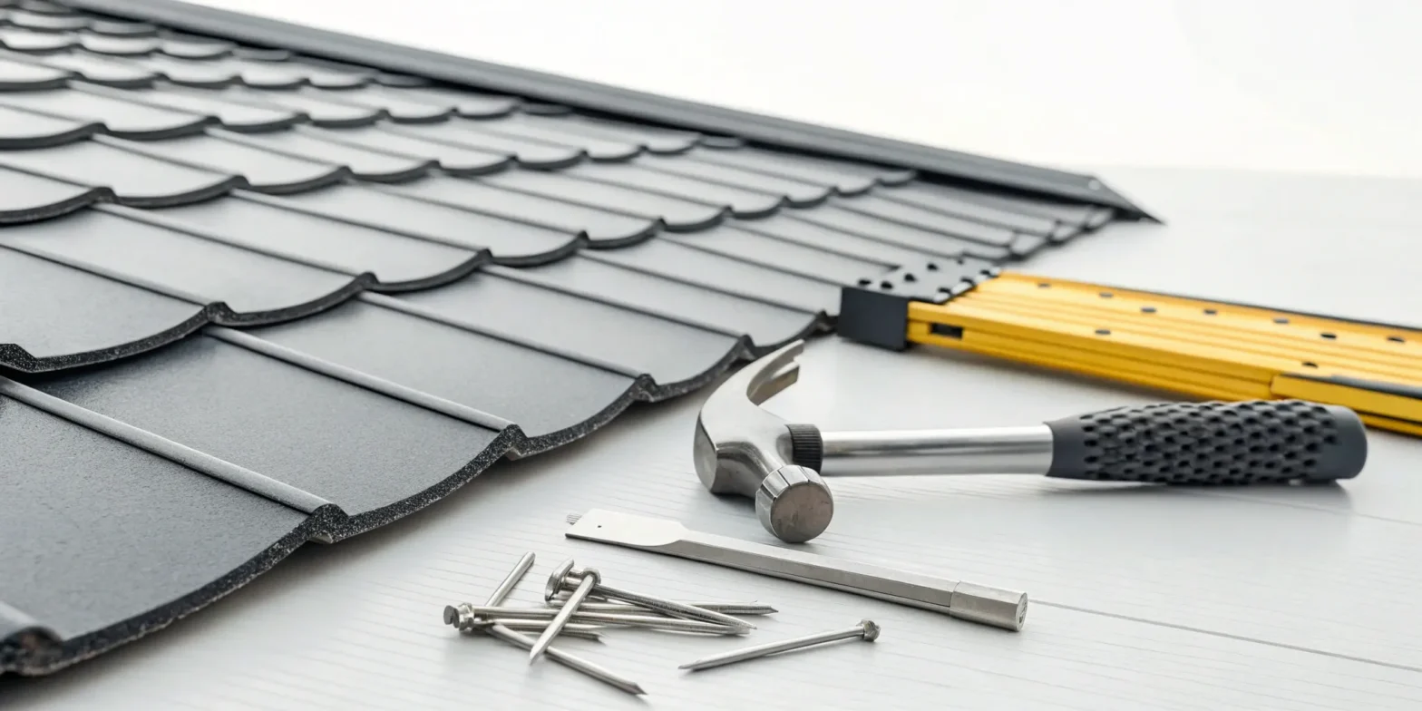 Professional roofer's tools on a metal roofing panel.