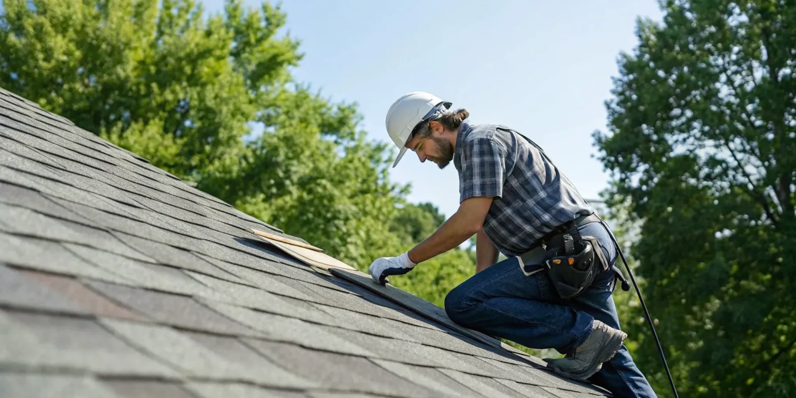 Roofer performing a free roof inspection in Bellevue, checking shingles for damage.