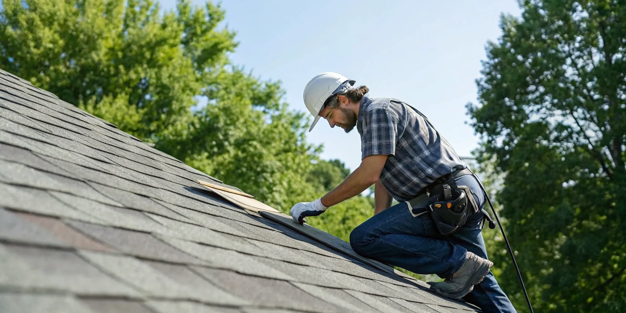 Roofer performing a free roof inspection in Bellevue, checking shingles for damage.