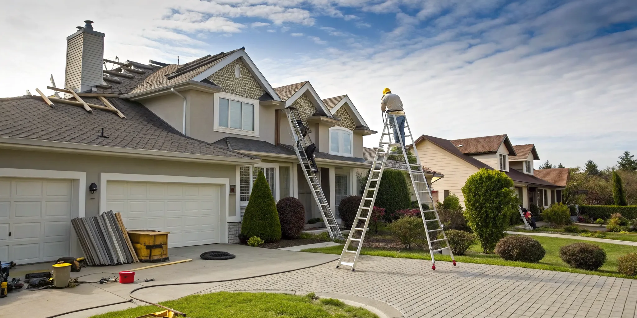 An HOA roofing contractor replacing shingles on a community residential building.