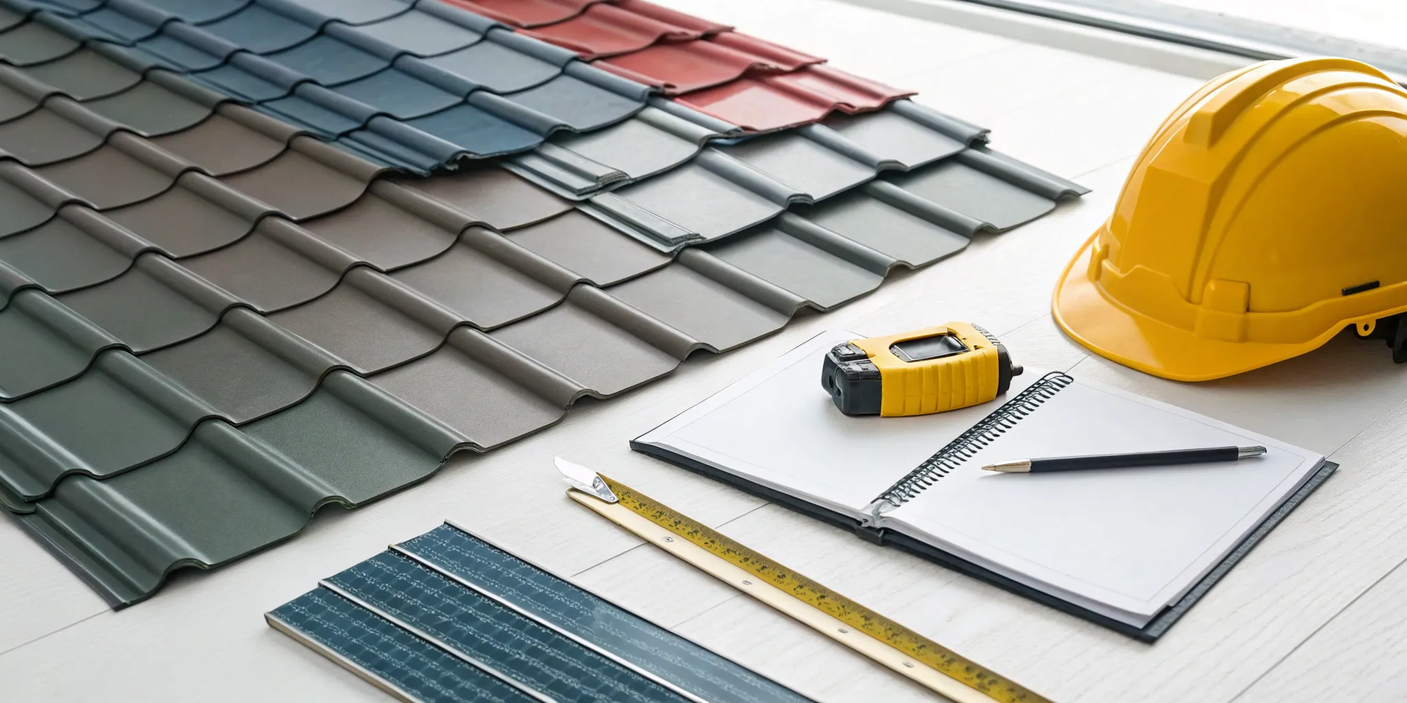 Metal roofing samples on a table, used when choosing between professional roofing companies.