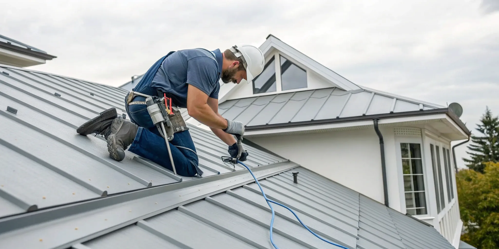 A metal roof contractor installing a new standing seam metal roof.
