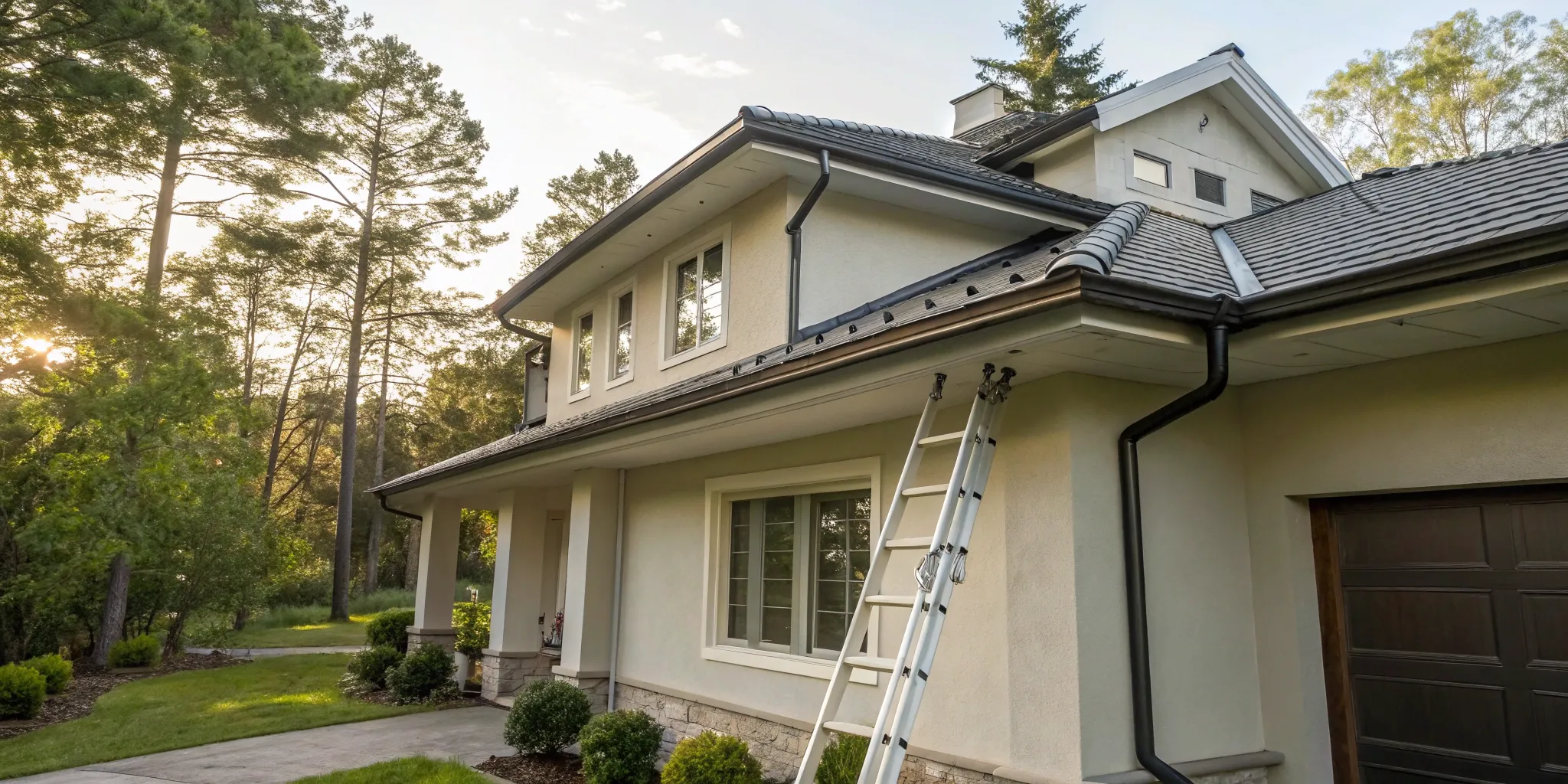 Professional seamless gutter installation in progress on a modern home.