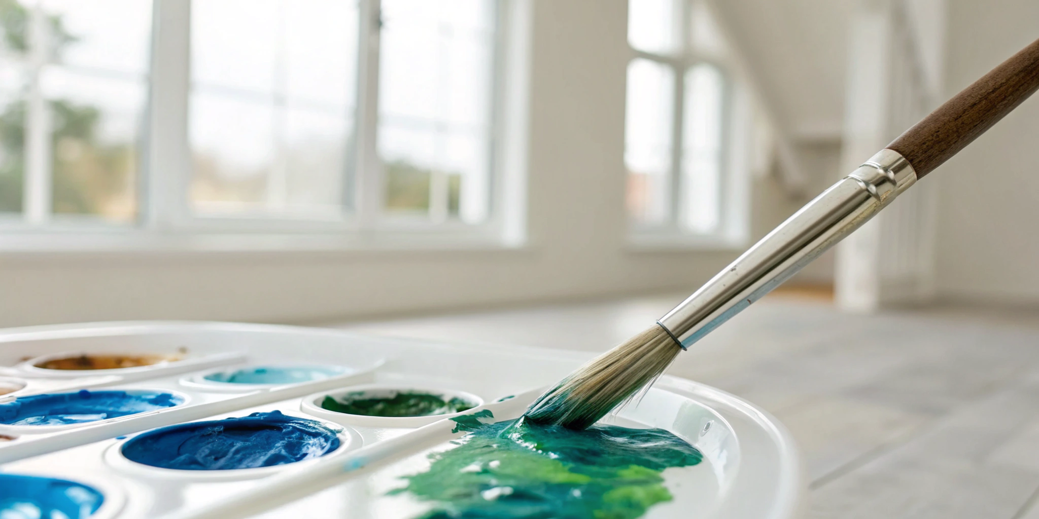 A paintbrush with blue and green paint, used by professional painting companies near me.