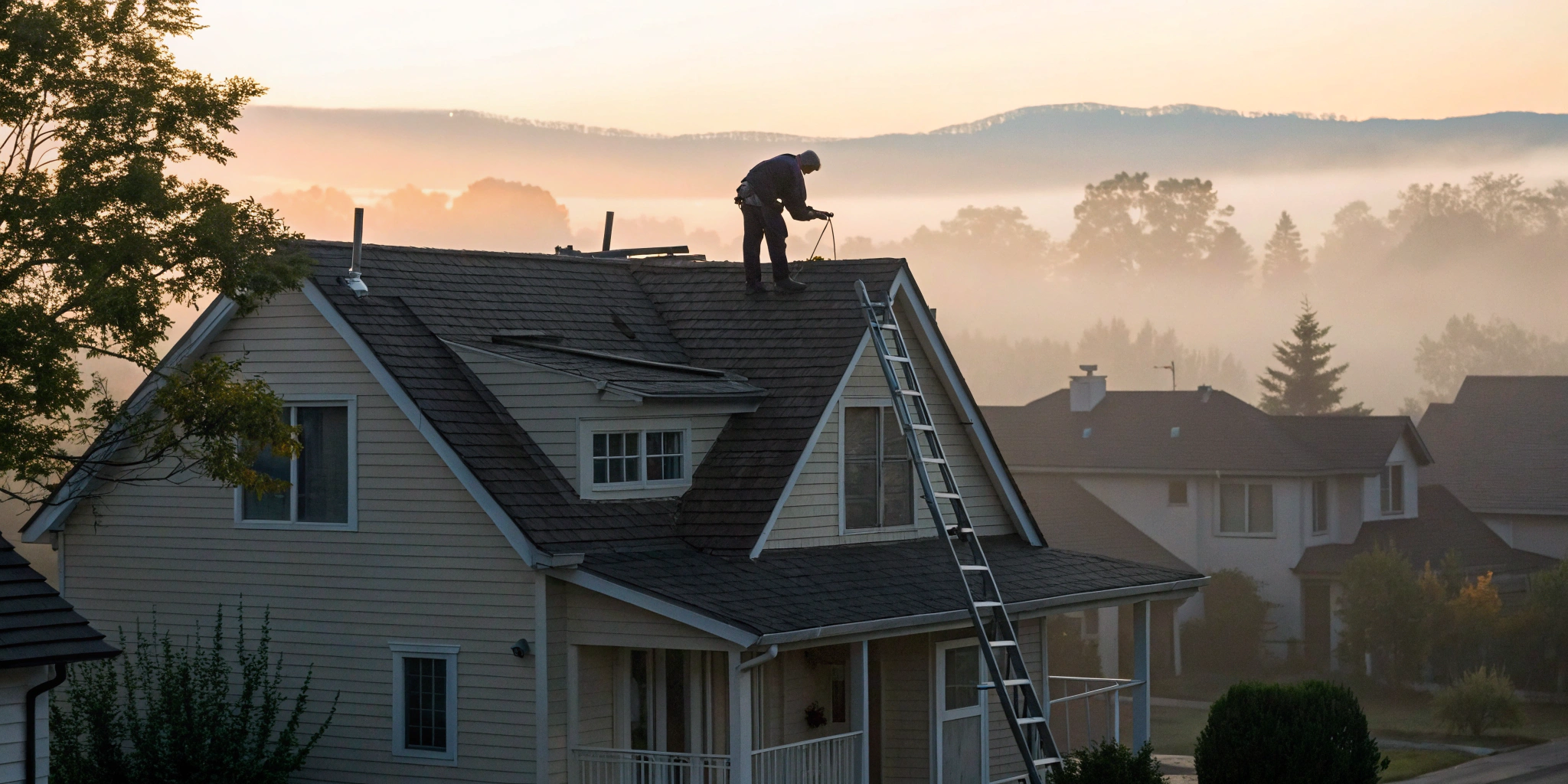 Inspector on a ladder examining a roof to determine the overall inspection cost.
