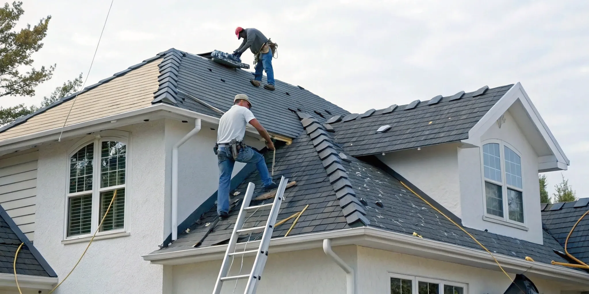 Contractors installing new shingles for a residential roof replacement.