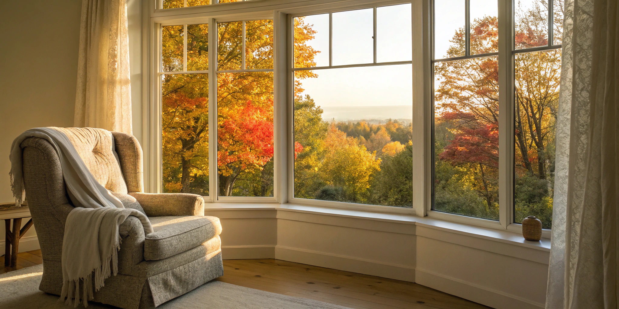 A large bay window in a home providing a clear view after a window replacement.