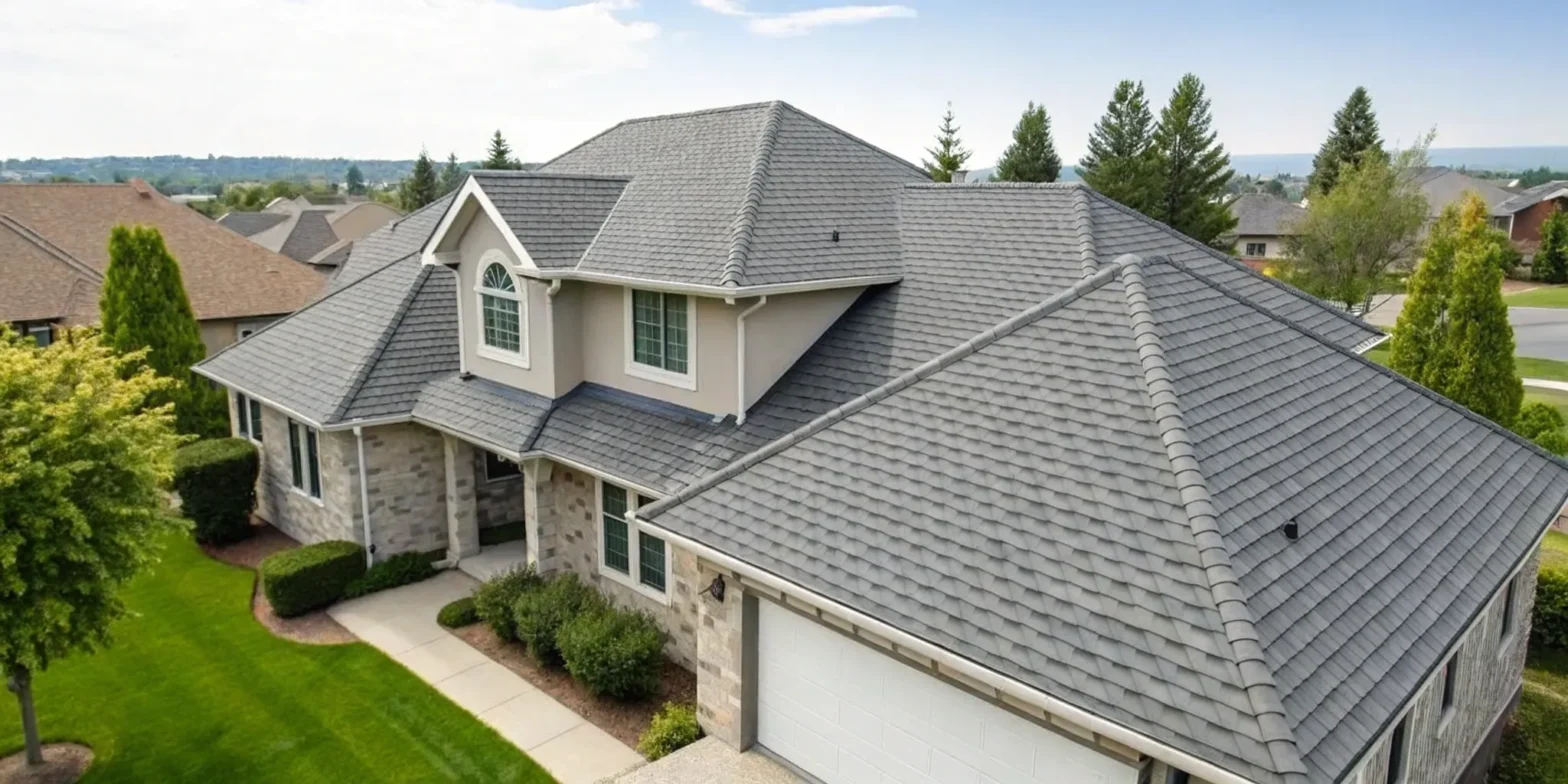 A residential shingle roof being examined during a free roof inspection.
