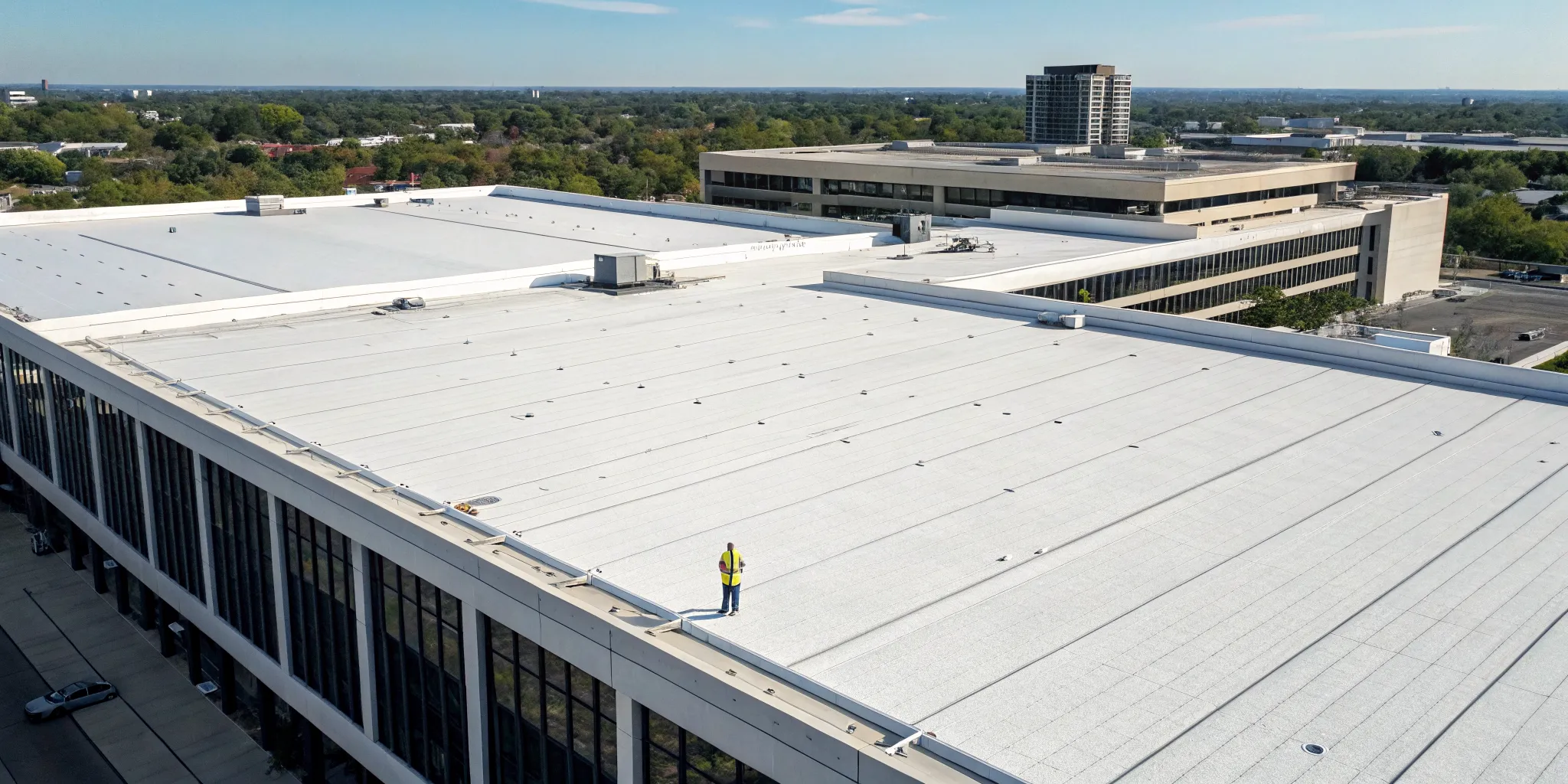A worker inspects commercial roofing material on a large, flat roof.