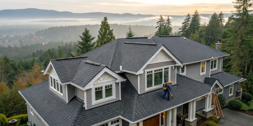 Professional performing roof repair on a home in Woodinville.